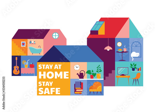 Stay at home, concept design. House facade with different types of people looking out and communicating with their neighbors. Self isolation, quarantine during coronavirus outbreak. Vector flat style