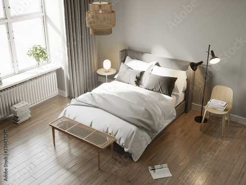 3d rendering of a grey Scandinavian bedroom with wooden stool, floor lamp, rattan ceiling lamp and many books 