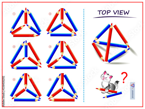 Logic puzzle game for children and adults. Need to find correct top view of pyramid. Printable page for brain teaser book. Developing spatial thinking skills. IQ training test. Vector cartoon image.