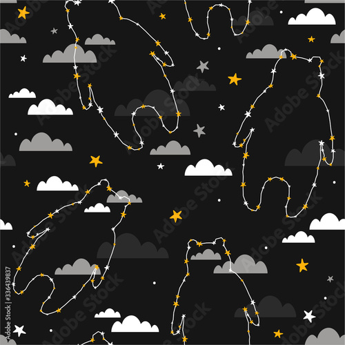 Colorful seamless pattern with bears, stars, clouds. Decorative cute wallpaper, good for printing. Overlapping colored background vector. Design illustration with animals, night sky
