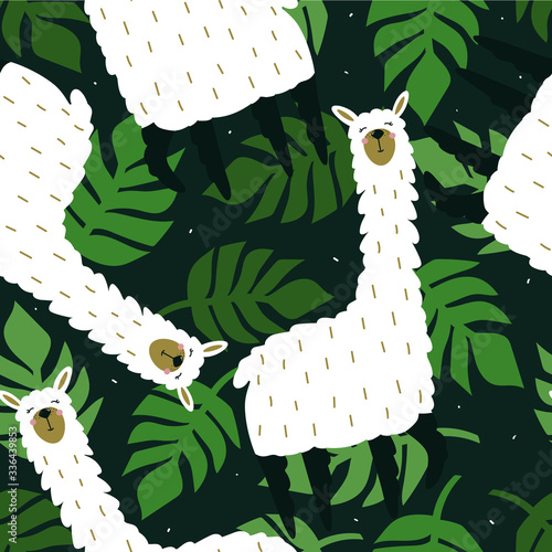 Lamas, palm leaves,  hand drawn backdrop. Colorful seamless pattern with animals. Decorative cute wallpaper, good for printing. Overlapping background vector, happy alpacas. Llama