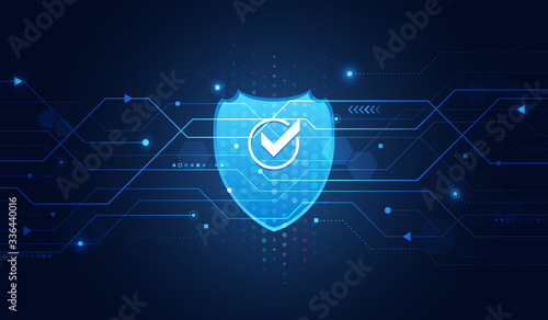 Cyber security and data protection. Shield icon, future technology for verification. Abstract circuit board. Data security system, information or network protection.