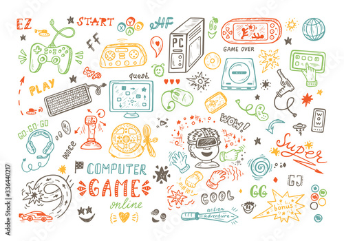 Gadget icons Vector Set. Hand Drawn Doodle Computer Game items. Video Games
 photo