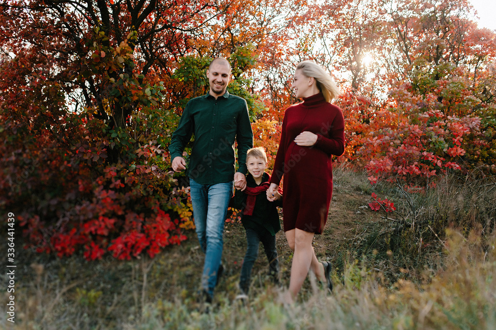 autumn landscape, red and yellow leaves, good sunny weather, family, mom dad and son for a walk, pregnant mother, blonde pregnant girl, joy, happiness, happy family expecting a baby, older brother autumn landscape, red and yellow leaves, good sunny weather, family, mom dad and son for a walk, pregnant mother, blonde pregnant girl, joy, happiness, happy family expecting a baby, older brother