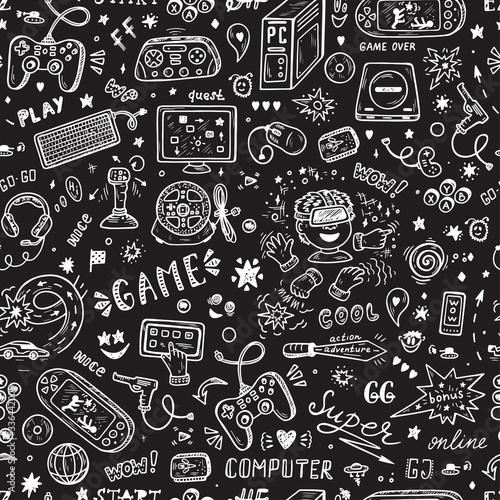 Gadget icons Vector Seamless pattern. Hand Drawn Doodle Computer Game items. Video Games Background.
