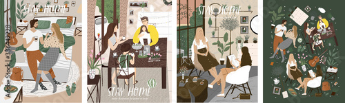 Stay at home! Set posters of Coronavirus quarantine. Couple, family and girlfriends together, eating, drinking, spend time in comfort safety self isolation. Vector illustration banner, card, postcard