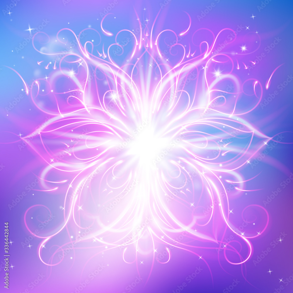 radiant spiritual flower with rays of light, Magic flower, enlightenment or meditation and universe, magic scene, abstract illustration radiant spiritual flower with rays of light, Magic flower, enlightenment or meditation and universe, magic scene, abstract illustration
