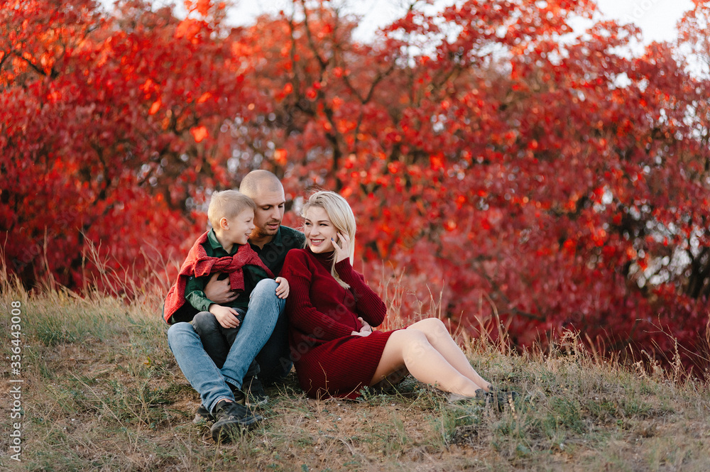 Fototapeta premium family in nature, autumn landscape, warm October, a blonde pregnant girl, mom waiting for a second berenka, husband and eldest son are happy, tenderness and hugs, love in the family
