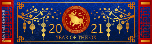 Happy chinese new year. the white metal ox is a symbol of 2021, the Chinese New Year. Template banner, poster, greeting cards. Sakura, rat, lantern, flowers. golden vector illustration