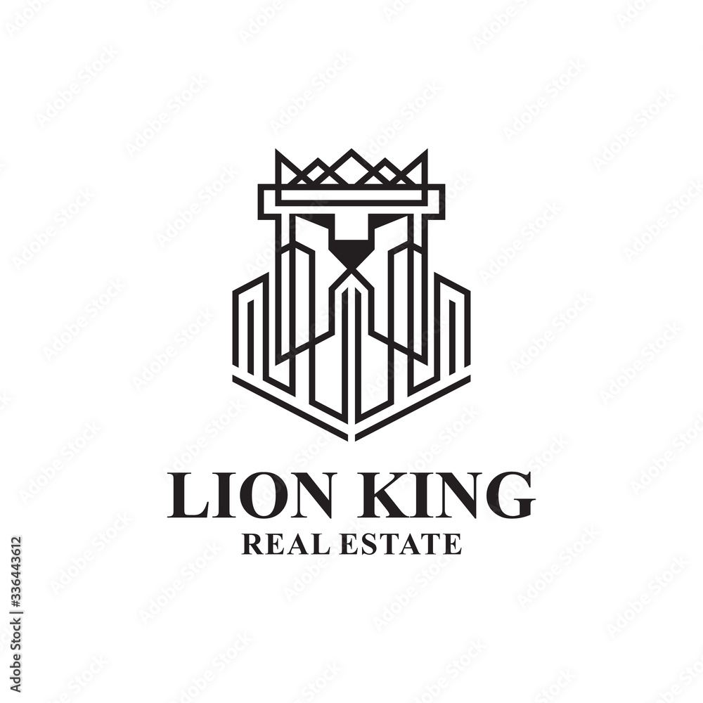 Lion King Real Estate Logo Design. Lion Estate Crown Vector. Building Lion Face Construction Logo Icon Graphic. Lion King Real Estate Logo Design. Lion Estate Crown Vector. Building Lion Face Construction Logo Icon Graphic.