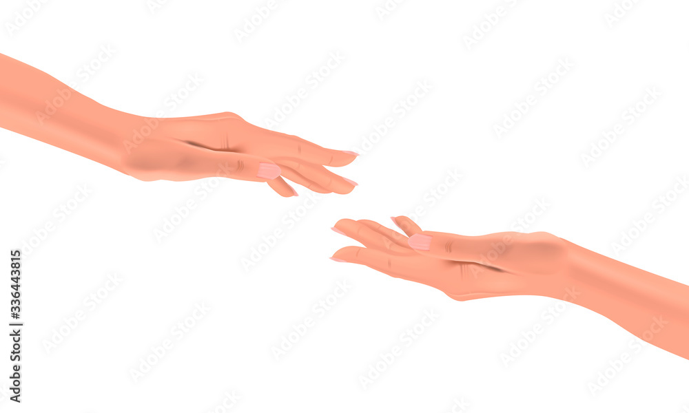 Realistic female hands reaching for each other on an isolated background, concept of attachment, vector illustration