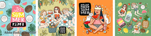 Hello fresh summertime! Set posters of group women friends relax, girl with cats on picnic, watermelon, pineapple, coconut, ice cream isolated objects set. Vector illustration banner, card, postcard
