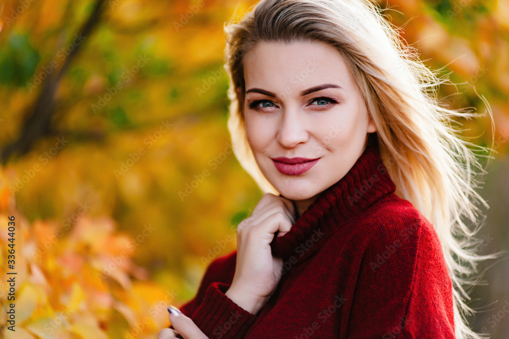 Beautiful pregnant girl blonde on nature in the yellow and red leaves of autumn Beautiful pregnant girl blonde on nature in the yellow and red leaves of autumn