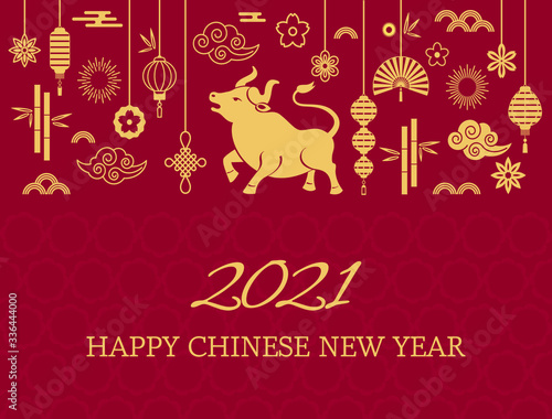 Happy chinese new year. the white metal ox is a symbol of 2021, the Chinese New Year. Template banner, poster, greeting cards. Sakura, rat, lantern, flowers. golden vector illustration