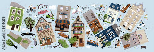 Houses, people and trees in the city. Vector illustration of European architecture, buildings and chalets, cars, walking pedestrians and isolated objects. Drawings for poster, card and background.