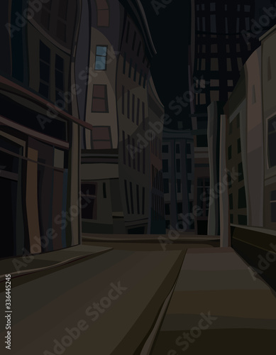 night background of dark empty city street with cartoon houses