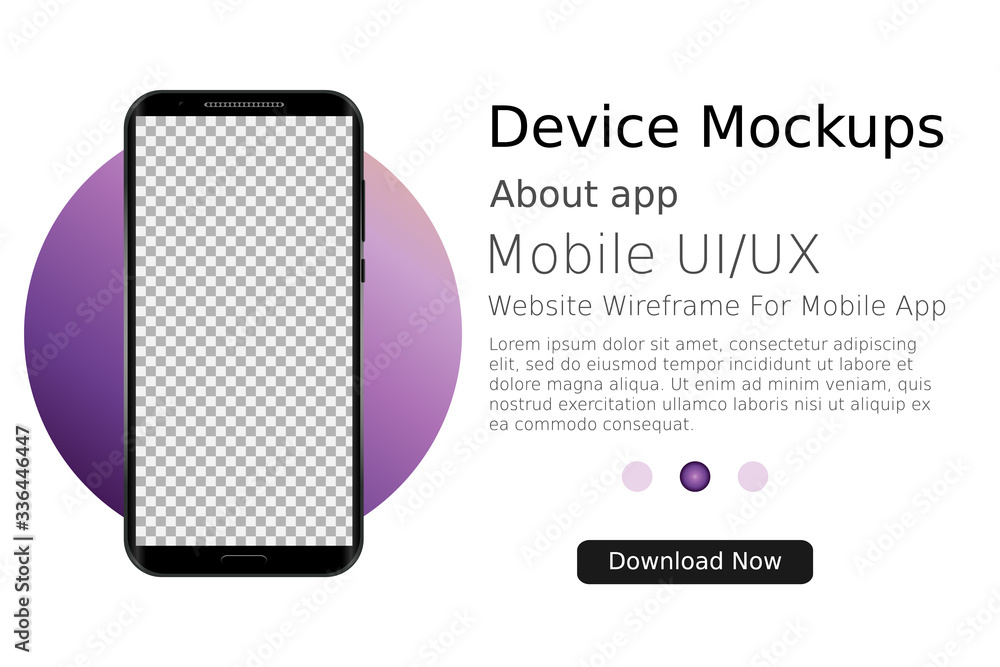 Smartphone blank screen, phone mockup with purple circle. Modern template for infographics or presentation UI design interface. Vector illustration Smartphone blank screen, phone mockup with purple circle. Modern template for infographics or presentation UI design interface. Vector illustration