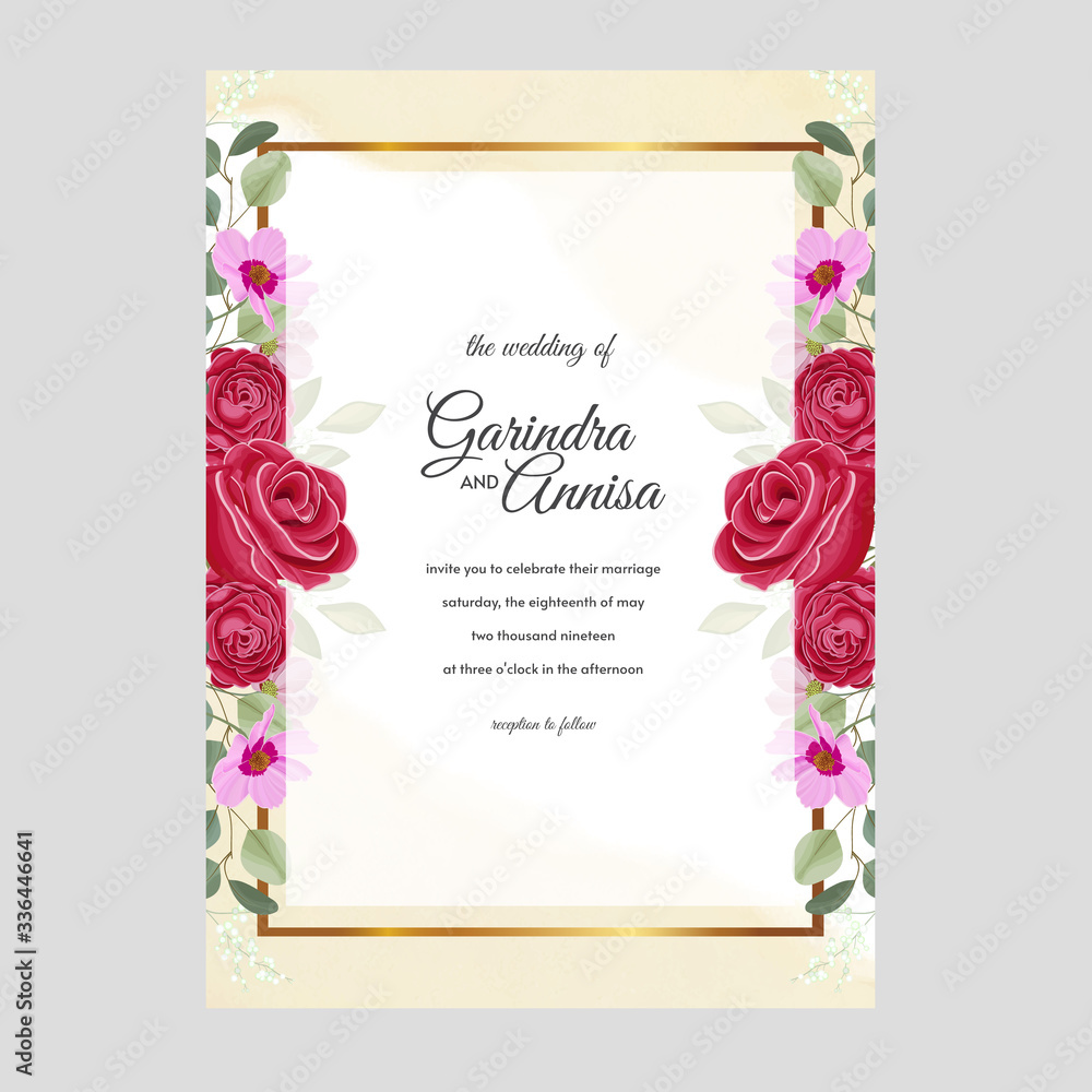 Elegant wedding invitation card template design with floral wreath  and leaves Premium Vector