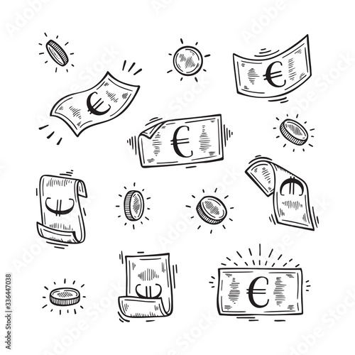 Vector Set of Money. Hand Drawn doodle Euro Banknotes and Coins
