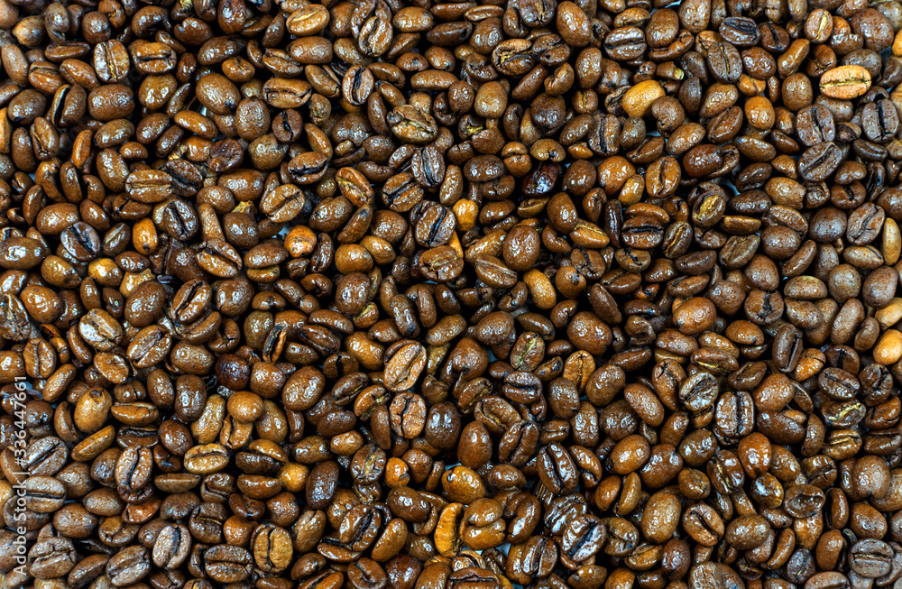 Fried wet coffee beans. Golden grains of ready-made coffee close-up. Fried wet coffee beans. Golden grains of ready-made coffee close-up.