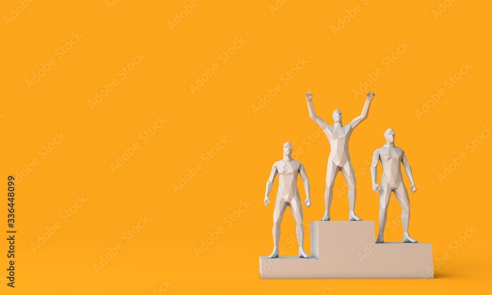 People celebrating success on a winners podium. 3D Rendering