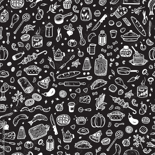 Cooking Vector Seamless Pattern. Hand drawn doodle Food and Kitchen utensils.
