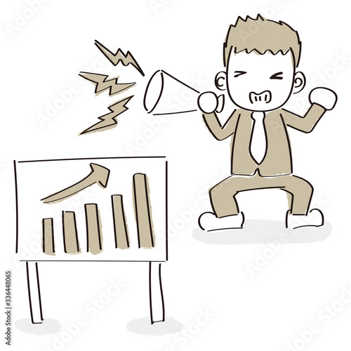 Support the company. Profit up. A businessman who speaks out. Vector illustration