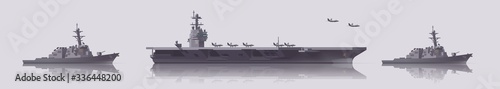 Сarrier group. Vector aircraft carrier and destroyers set. Isolated illustration
