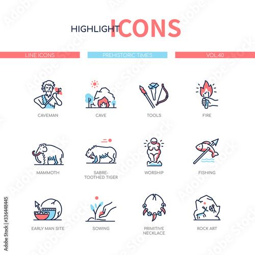 Prehistoric times - line design style icons set