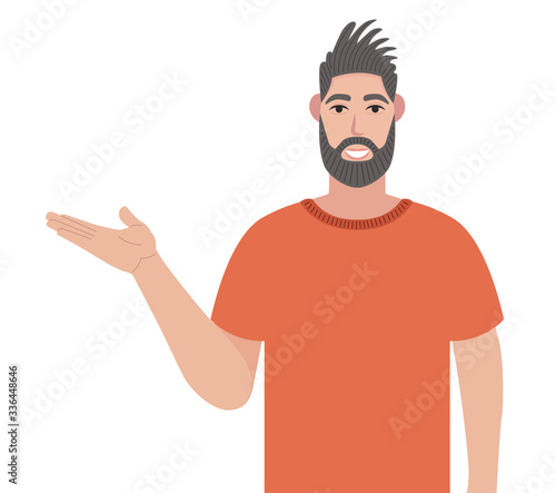 Bearded man pointing away and showing or presenting something while standing and smiling. Hipster pointing copy space. Vector illustration in cartoon style.