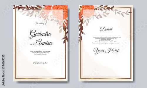 Elegant wedding invitation card template design with floral wreath  and leaves Premium Vector