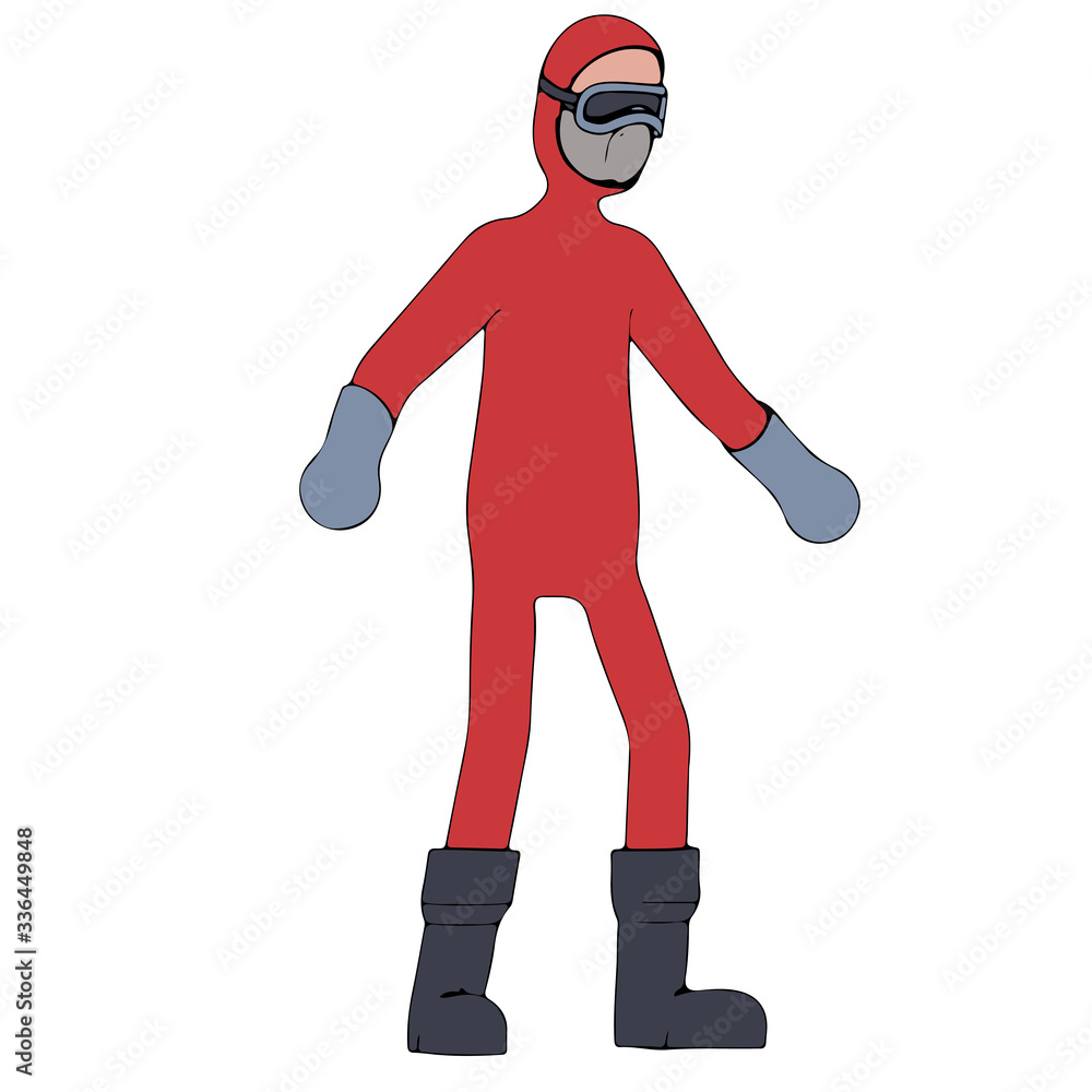 character in a chemical protective suit of red color and a medical mask and gloves vector character in a chemical protective suit of red color and a medical mask and gloves vector