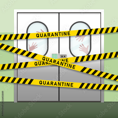 Doors to the hospital with a warning on yellow tapes. Vector illustration.