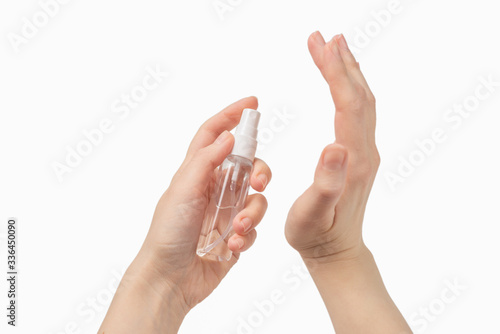 Hand disinfection isolated on white background.