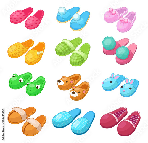 Home footwear - pairs slippers, textile domestic outfit element or garment shoes soft fabric. Comfortable kids and adult footwear with animal head, flip flops, shoes. Vector illustration.