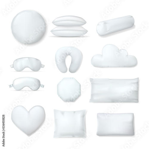 Realistic white cushion pillows, mask template. White orthopedic pillows different shapes and sizes. Mockup of square comfort soft blank bed cushions for sleep and rest in bedroom vector