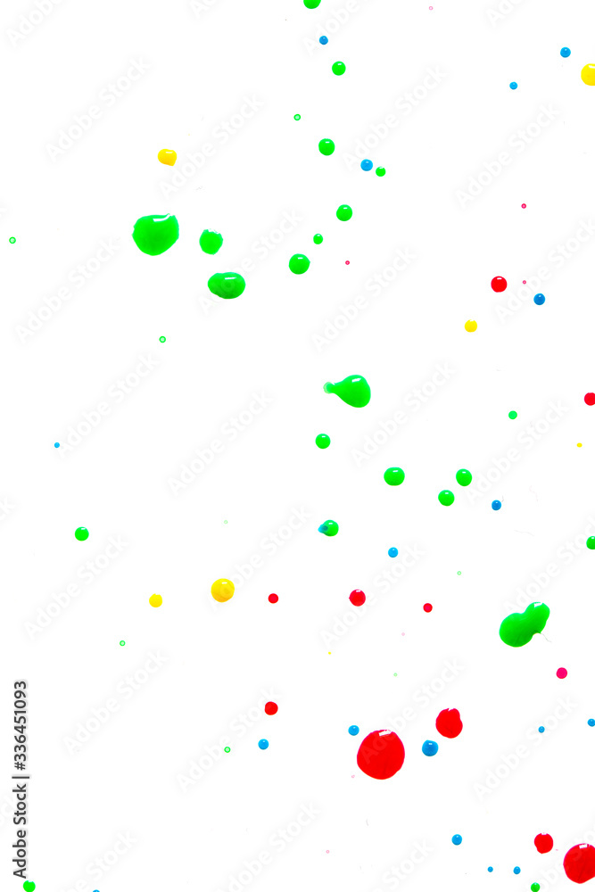 Close Up of Multicoloured Splattered Paint Blobs on White Paper for Abstract Background Close Up of Multicoloured Splattered Paint Blobs on White Paper for Abstract Background