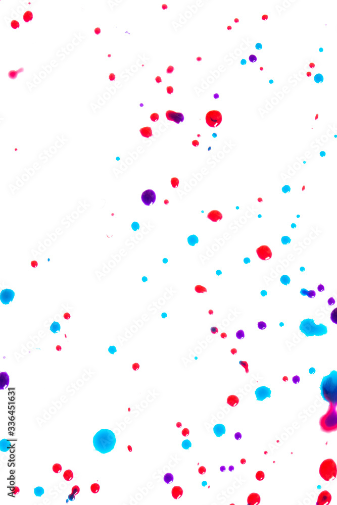 Close Up of Multicoloured Splattered Paint Blobs on White Paper for Abstract Background Close Up of Multicoloured Splattered Paint Blobs on White Paper for Abstract Background