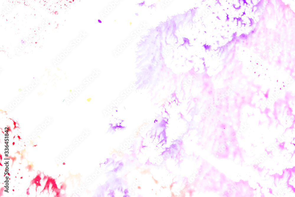 Close Up of Multicoloured Splattered Paint Blobs on White Paper for Abstract Background