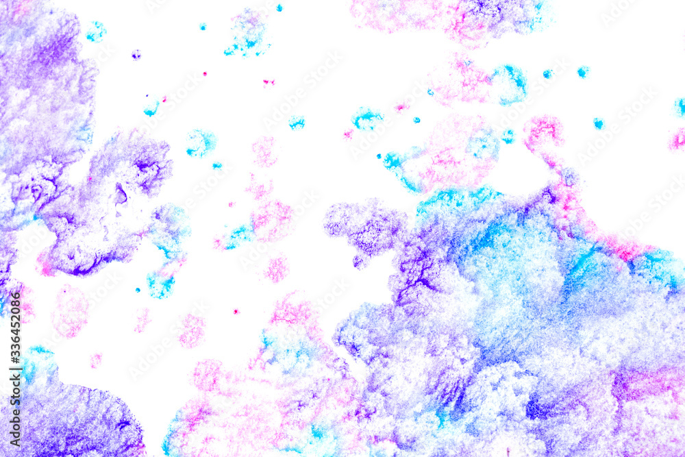 Close Up of Multicoloured Splattered Paint Blobs on White Paper for Abstract Background