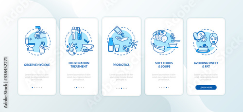Rotavirus treatment onboarding mobile app page screen with concepts. Observe hygiene, avoiding sweet walkthrough 5 steps graphic instructions. UI vector template with RGB color illustrations