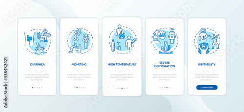 Rotavirus symptoms onboarding mobile app page screen with concepts. Diarrhea, vomiting and high temperature walkthrough 5 steps graphic instructions. UI vector template with RGB color illustrations