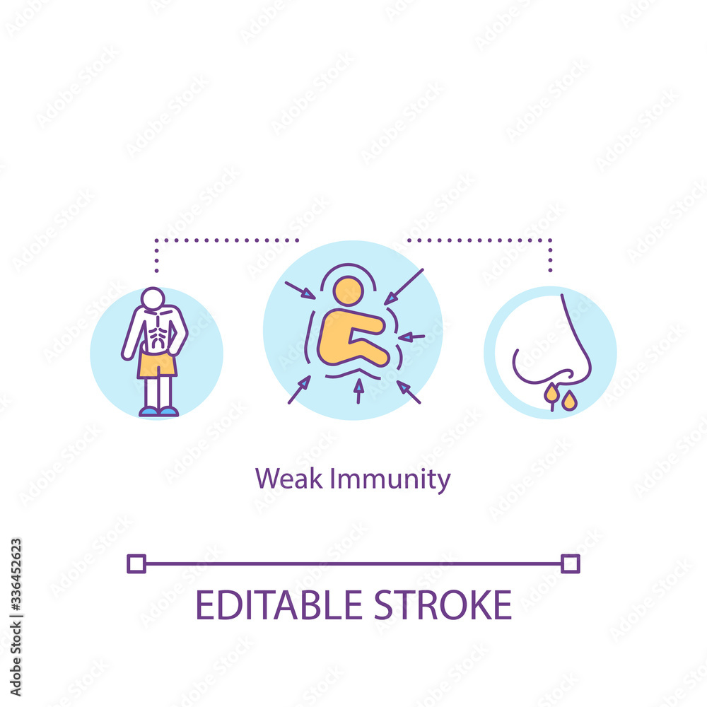 Weak immunity concept icon. Health protection. Respiratory disease symptom. Human immune system idea thin line illustration. Vector isolated outline RGB color drawing. Editable stroke