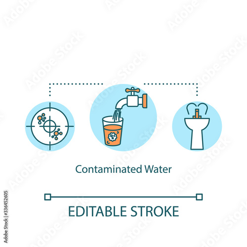 Contaminated water concept icon. Dirty liquid with bacteria and microbes. Potable water microscope test idea thin line illustration. Vector isolated outline RGB color drawing. Editable stroke