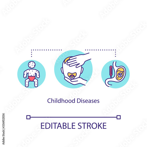 Childhood diseases concept icon. Rotavirus infection, chickenpox symptoms. Common child illnesses idea thin line illustration. Vector isolated outline RGB color drawing. Editable stroke