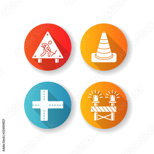 Road works RGB color icons set. Construction ahead sign. Traffic cone. Crossroads and path intersection. Siren on striped barrier. Road block for highway. Isolated vector illustrations