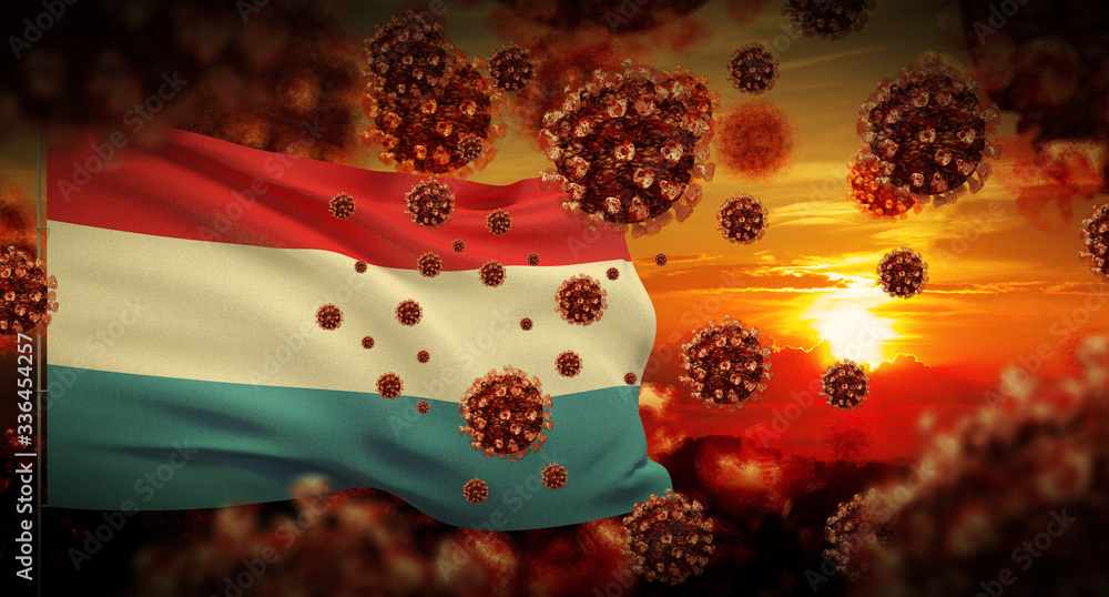COVID-19 Coronavirus 2019-nCov virus outbreak lockdown concept concept with flag of Luxembourg. 3D illustration.