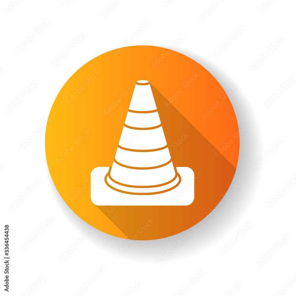 Traffic cone orange flat design long shadow glyph icon. Roadworks caution. Pedestrian sign for warning. Reconstruction block. Boundary of closed area. Silhouette RGB color illustration