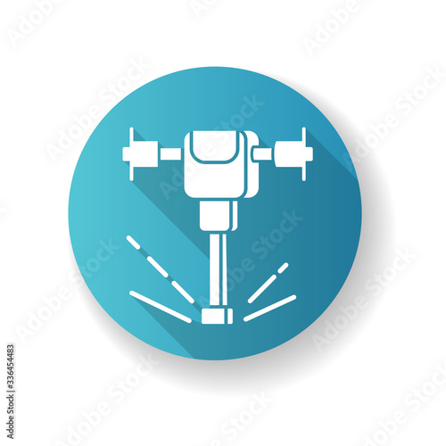 Road works perforator blue flat design long shadow glyph icon. Construction and demolition tool. Pneumatic instrument drilling in surface. Worker hardware. Silhouette RGB color illustration