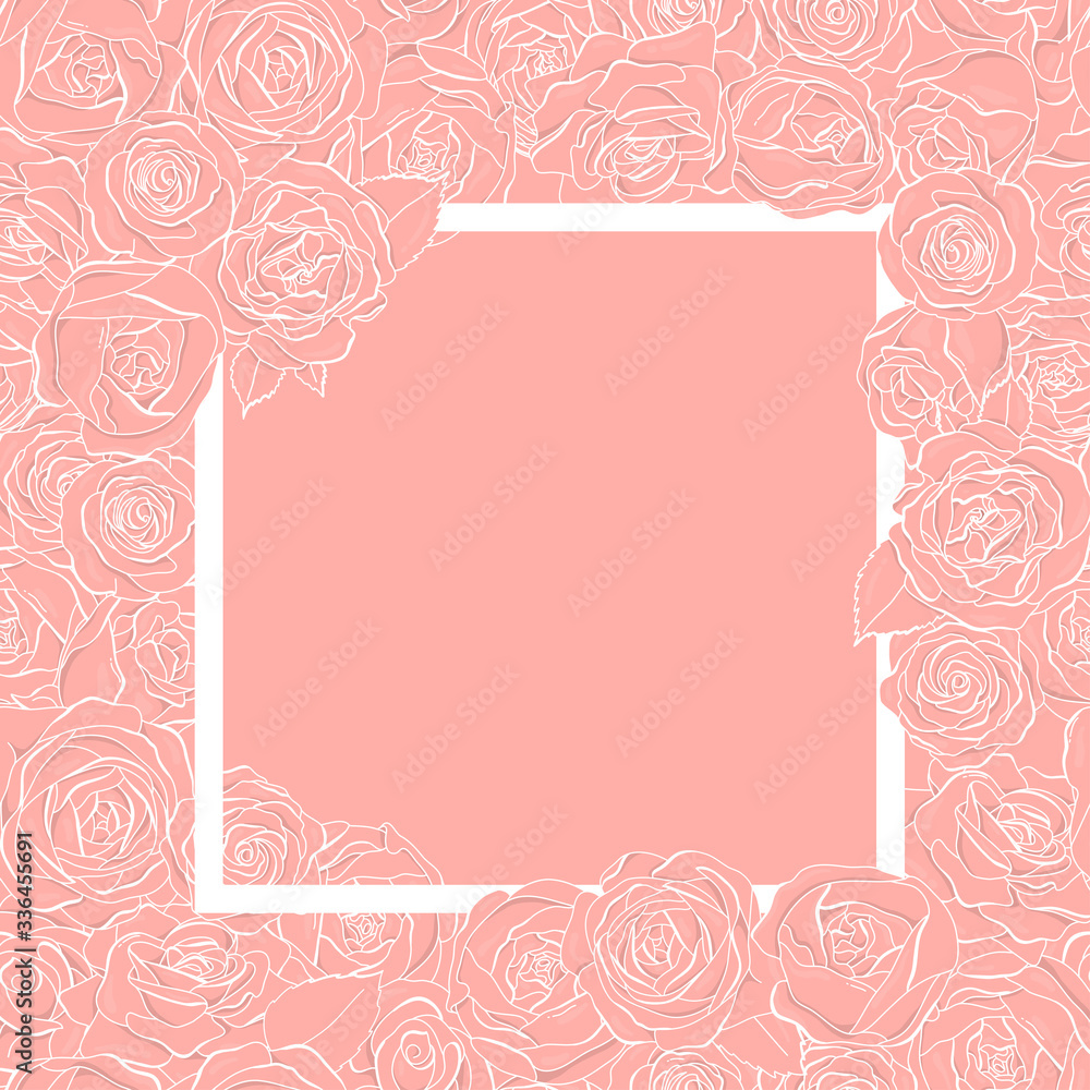 Creative frame with rose flowers. White outline on a pink background. Space for your text.